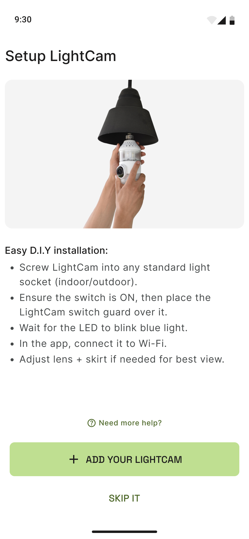 Setup LightCam intro screen